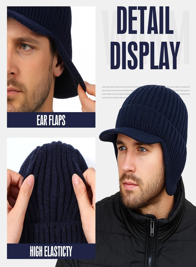 Simlakey 2 Pcs Winter Hats with Brim and Ear Flap Fleece Winter Beanie Hat Outdoor Warm Lined Knit Hat for Men Women(Black, Navy Blue) - Image 4
